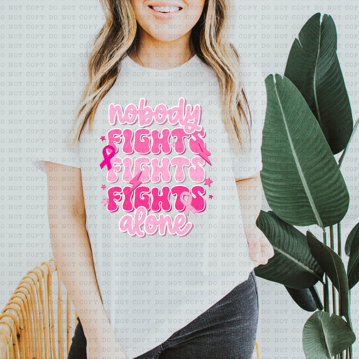 Nobody Fights Alone (ribbon stars, retro font, breast cancer awareness) 3314 DTF TRANSFER
