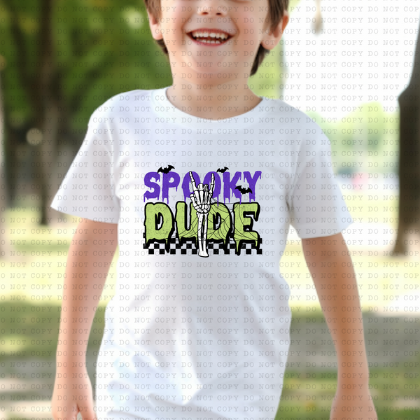 Spooky Dude (checkered, skeleton hand, drippy font) 3316 DTF TRANSFER