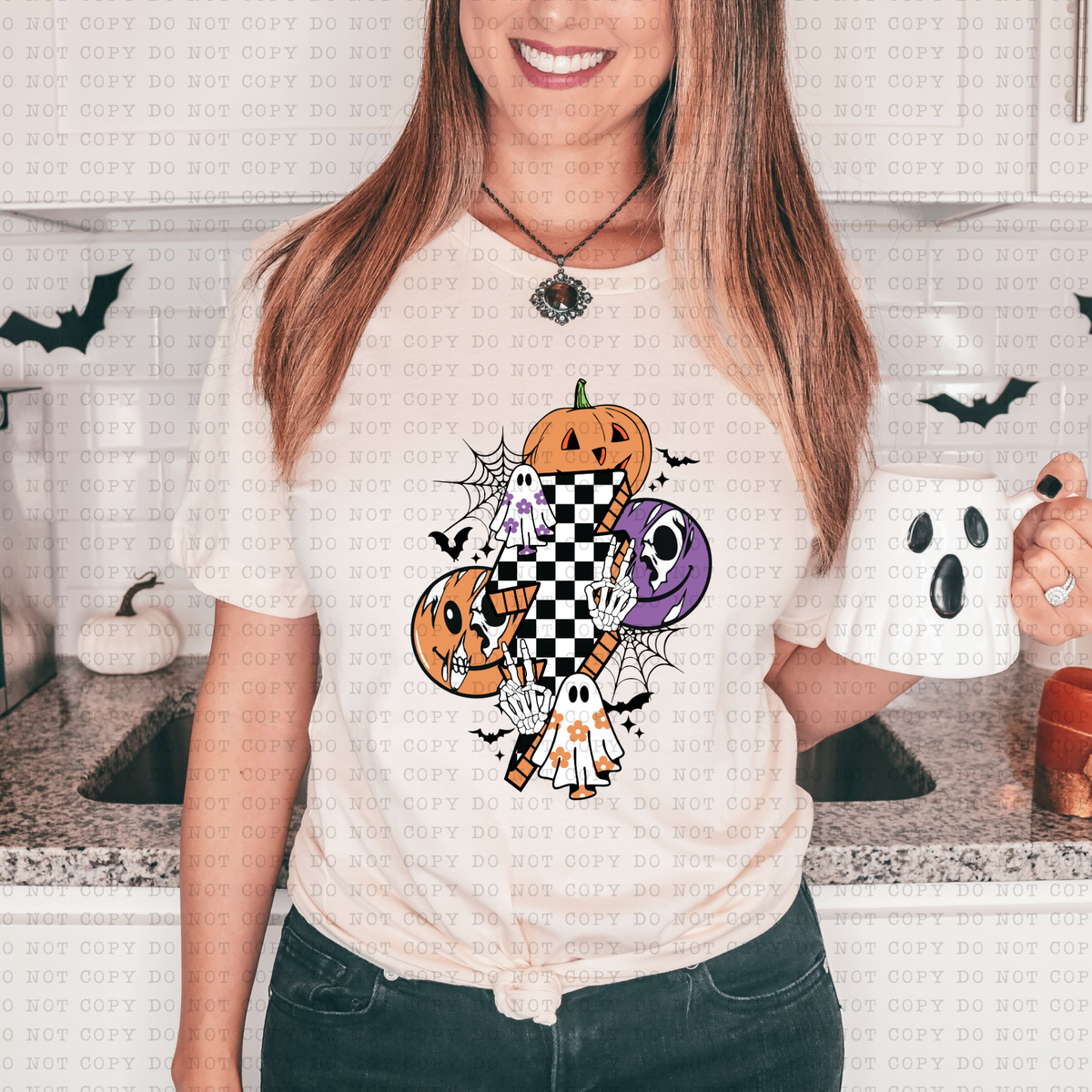 Spooky Vibes Lightning Bolt (checkered, pumpkin, skeleton peace hands, ghost) 3358 DTF TRANSFER