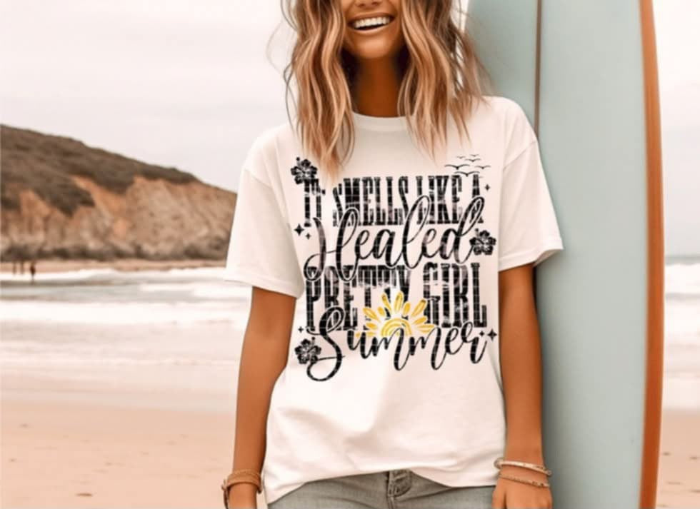 It smells like a healed pretty girl summer BLACK yellow flower 103996 DTF transfer