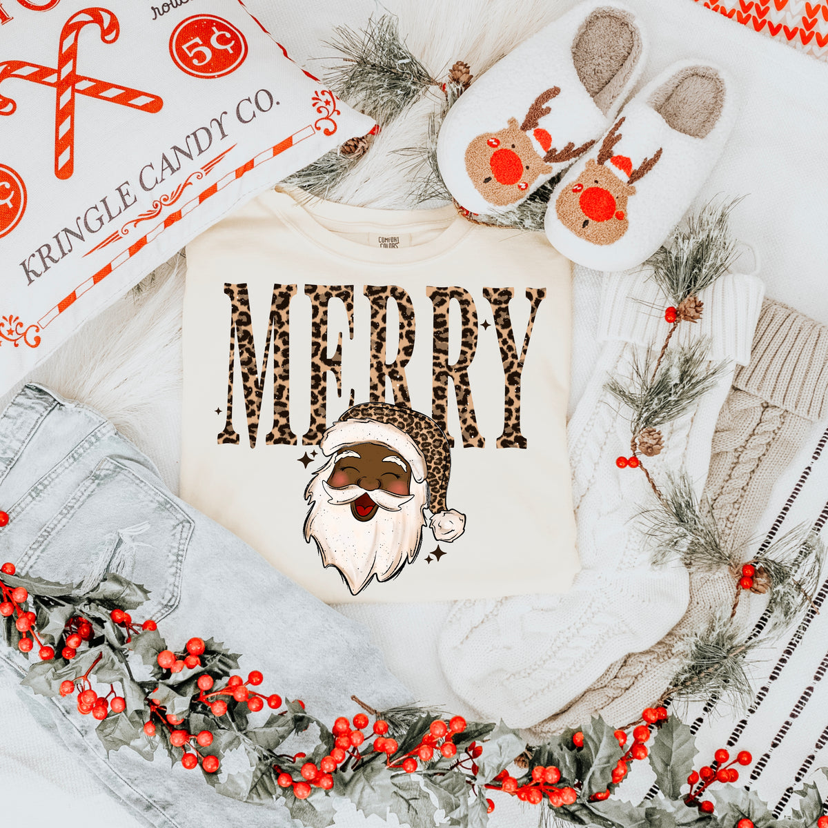 Merry leopard Santa (darker skin tone) (csc) DTF Transfer