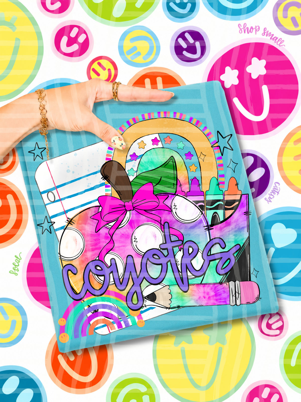 coyotes tie dye apple with white dots and school stuff (CAPLINGER) DTF Transfer