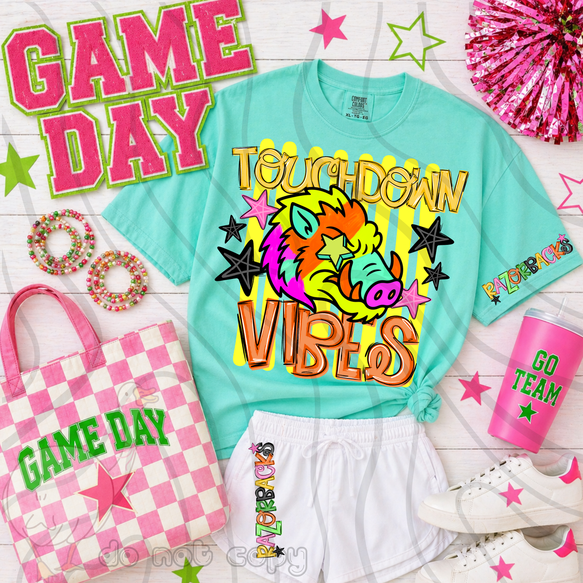 Razorbacks touchdown vibes NEON (FRONT ONLY) (DKD) DTF Transfer