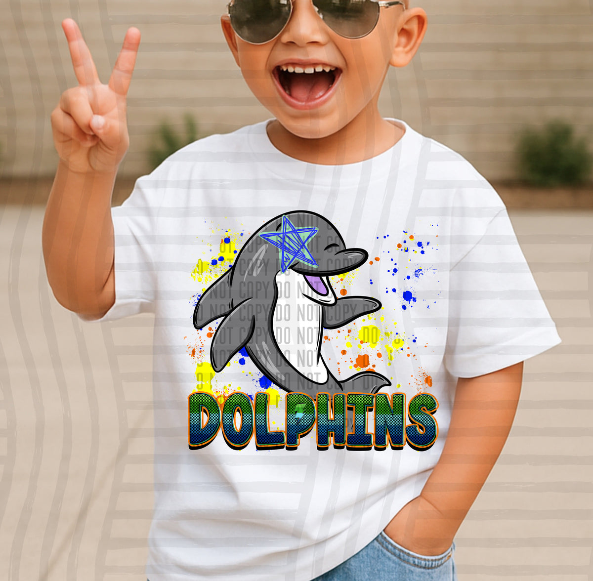 dolphins paint splatter boy blue green and yellow (Caplinger) DTF Transfer