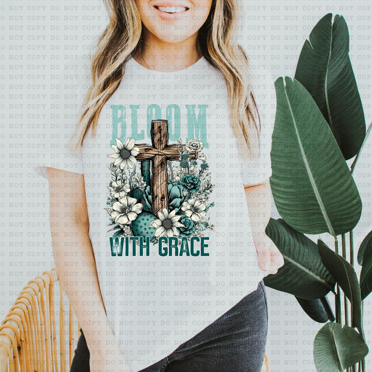 Bloom With Grace (blue, cross, flowers) 3415 DTF TRANSFER