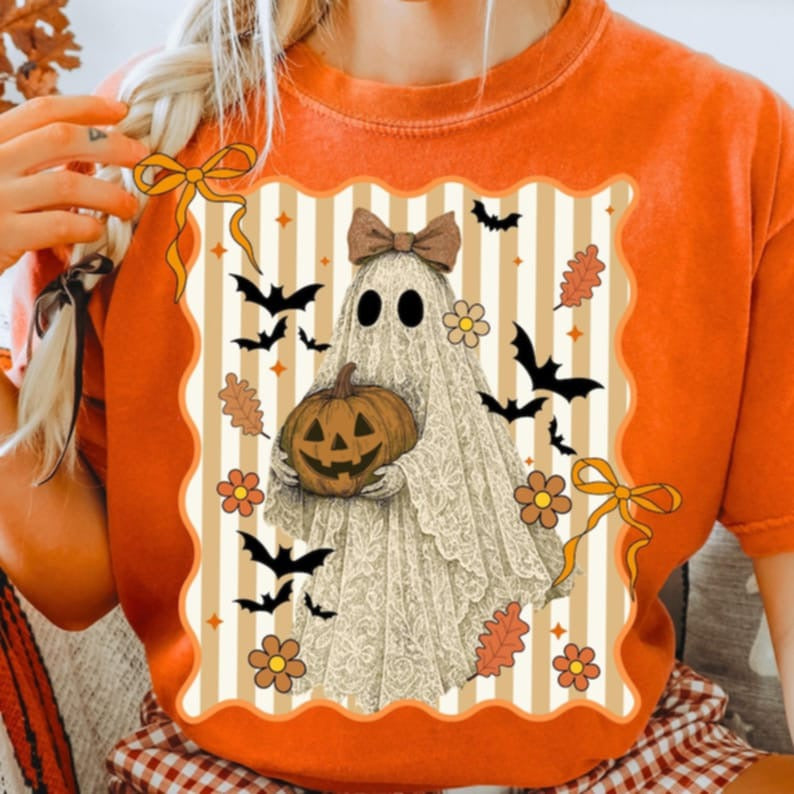 Lace Ghost With Pumpkin Frame DTF transfer