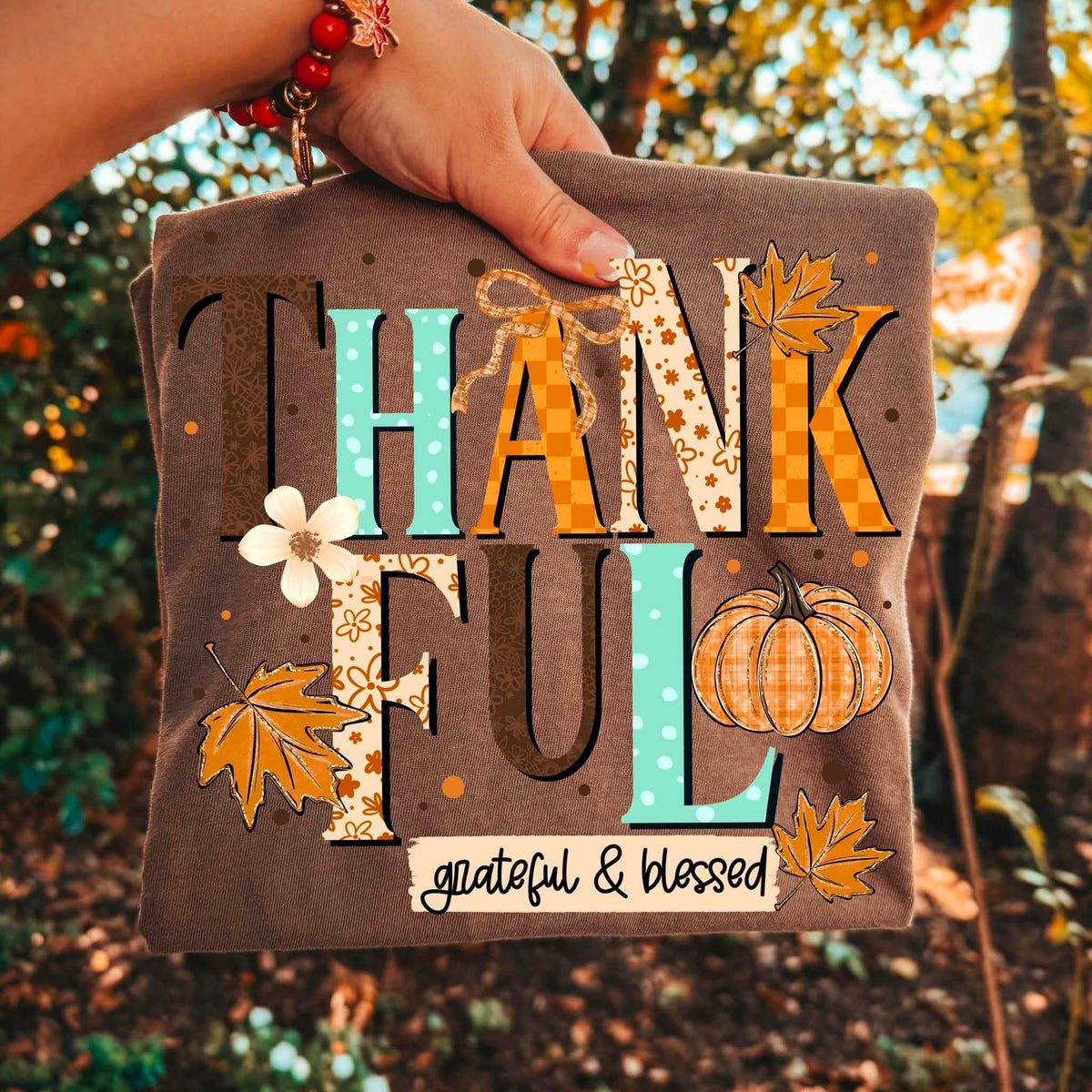 Thankful grateful blessed brown teal polkadot orange checkered tan leaf print SUNDAY SPECIAL DTF transfer