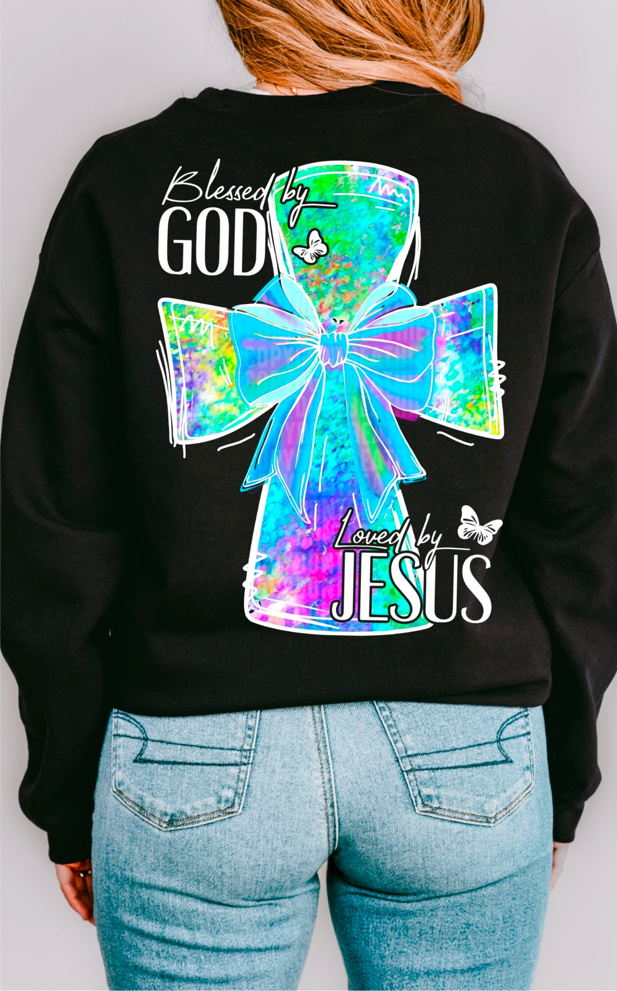 Blessed by god loved by Jesus cross white font 93346 DTF transfer