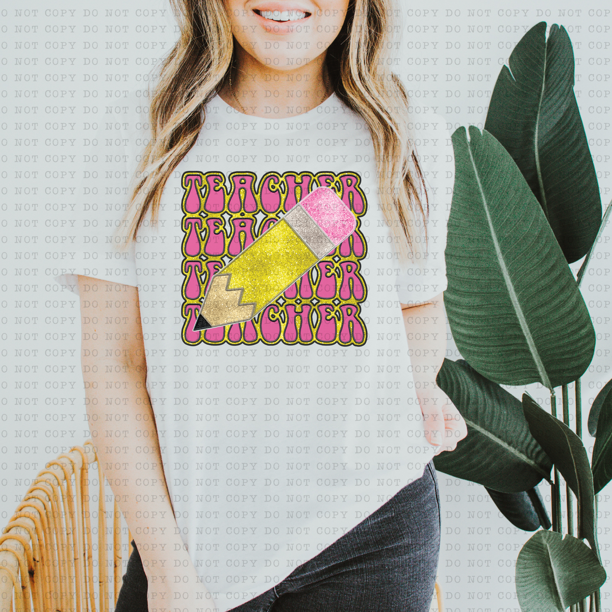 Teacher Stack (pink, pencil, glitter, groovy) 3461 DTF TRANSFER