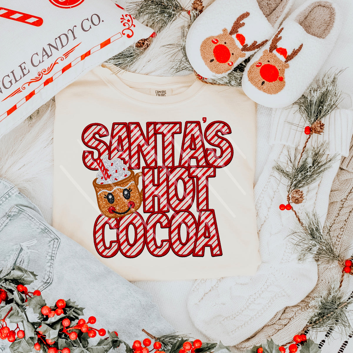 Santas Hot Cocoa red striped letters with gingerbread mug 111639 DTF transfer