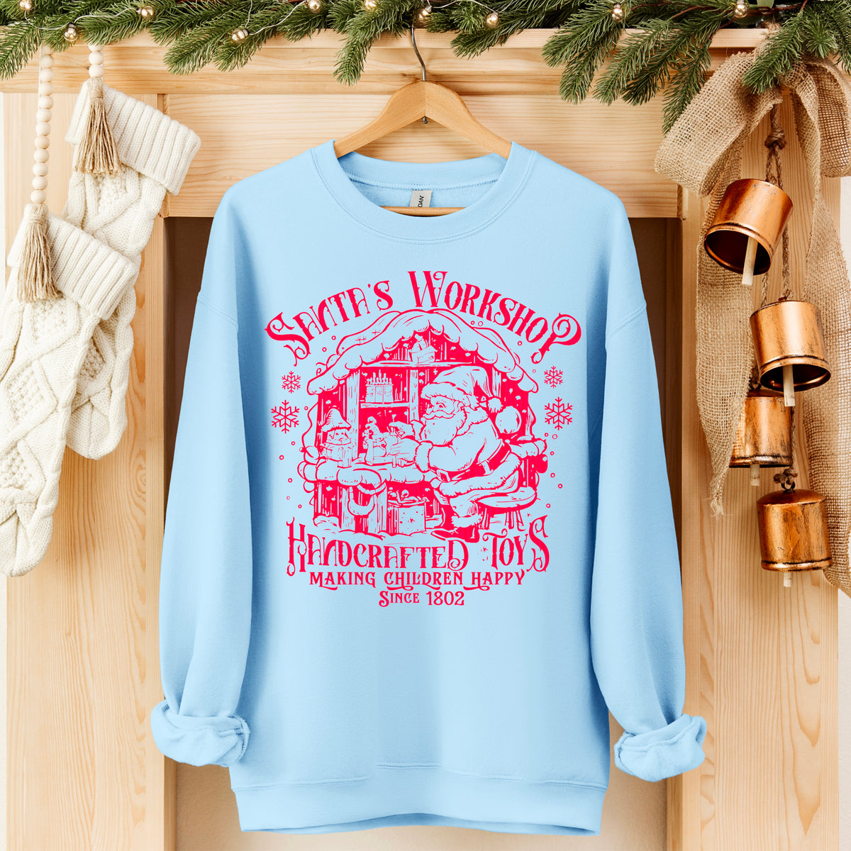 Santa’s Workshop handcrafted toys RED DTF transfer