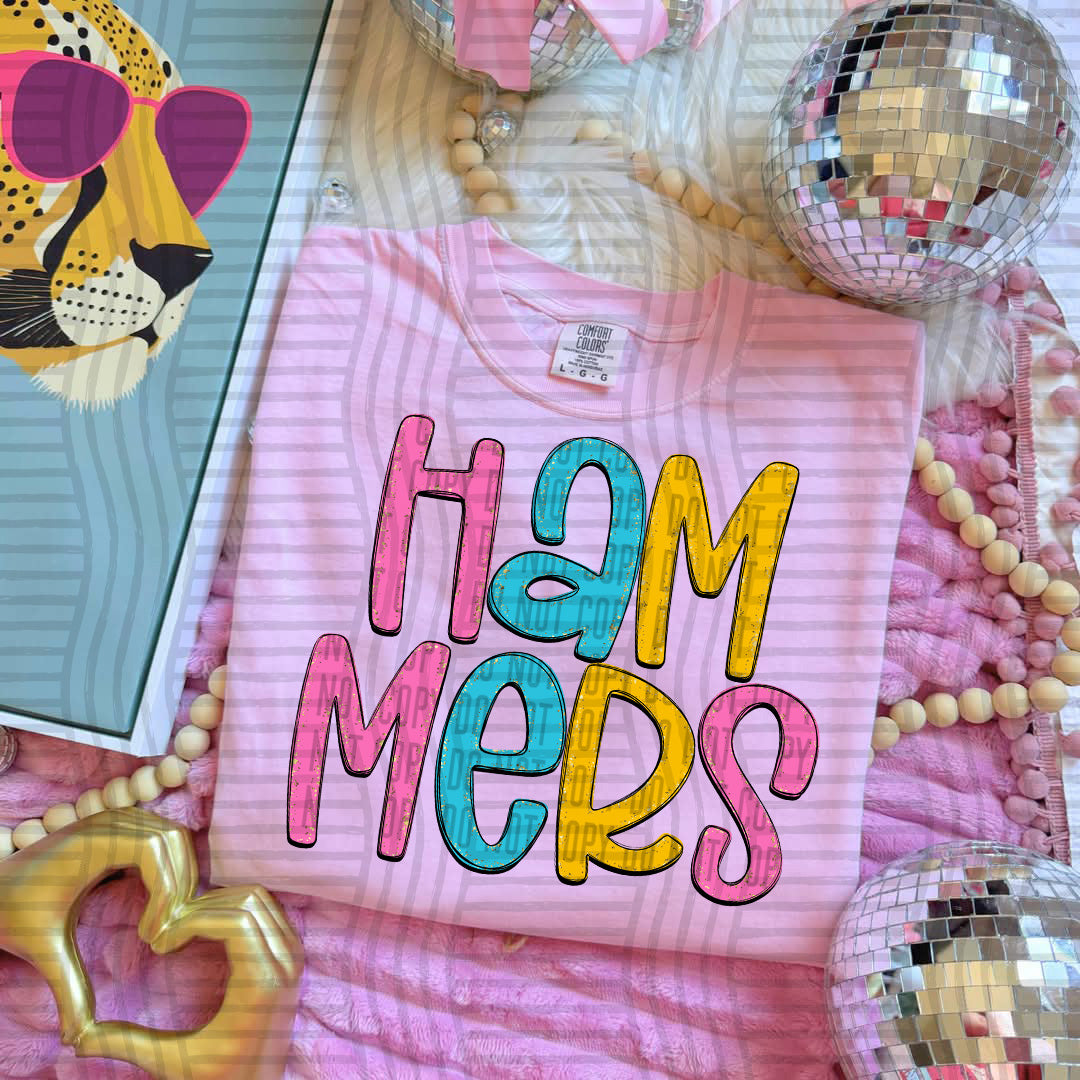 blue yellow and pink hammers stacked (Caplinger) DTF Transfer