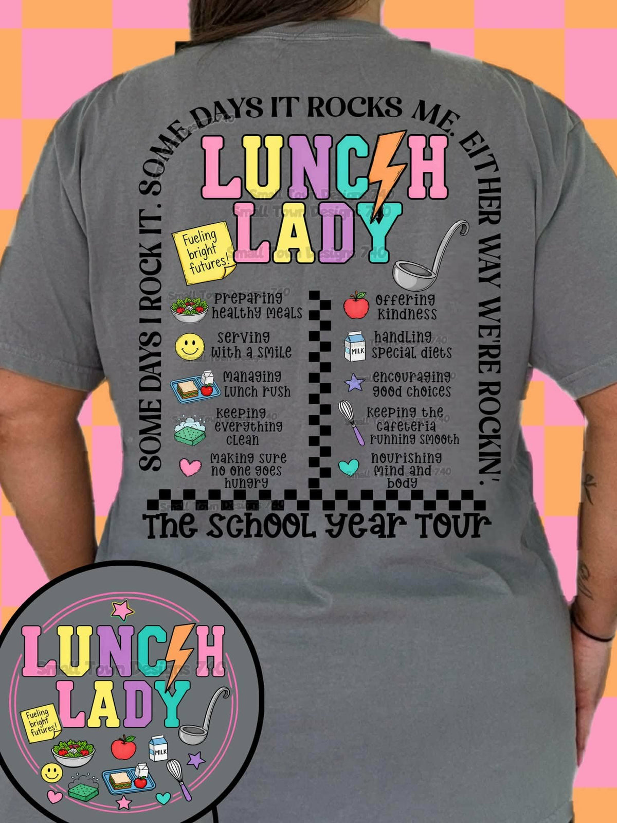 Lunch Lady lightning colorful arch with school words BACK (STD) DTF Transfer