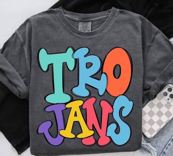Trojans colorful bubble font (S&G) 64464 DTF transfer