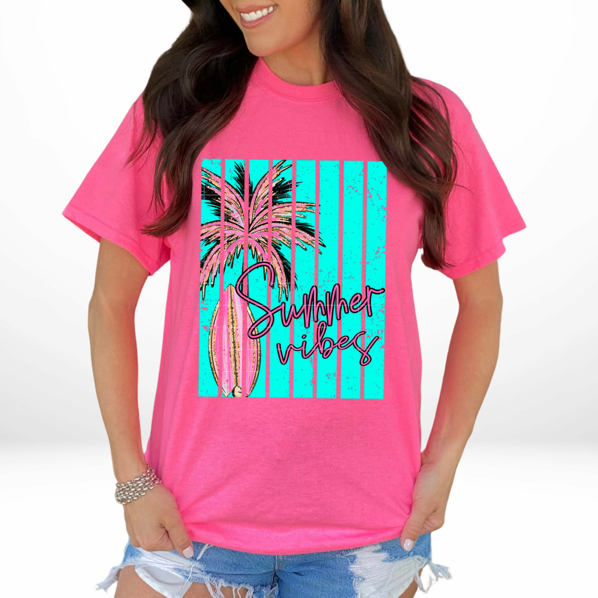 Summer vibes pink palm tree blue stripes (SDD) DTF Transfer