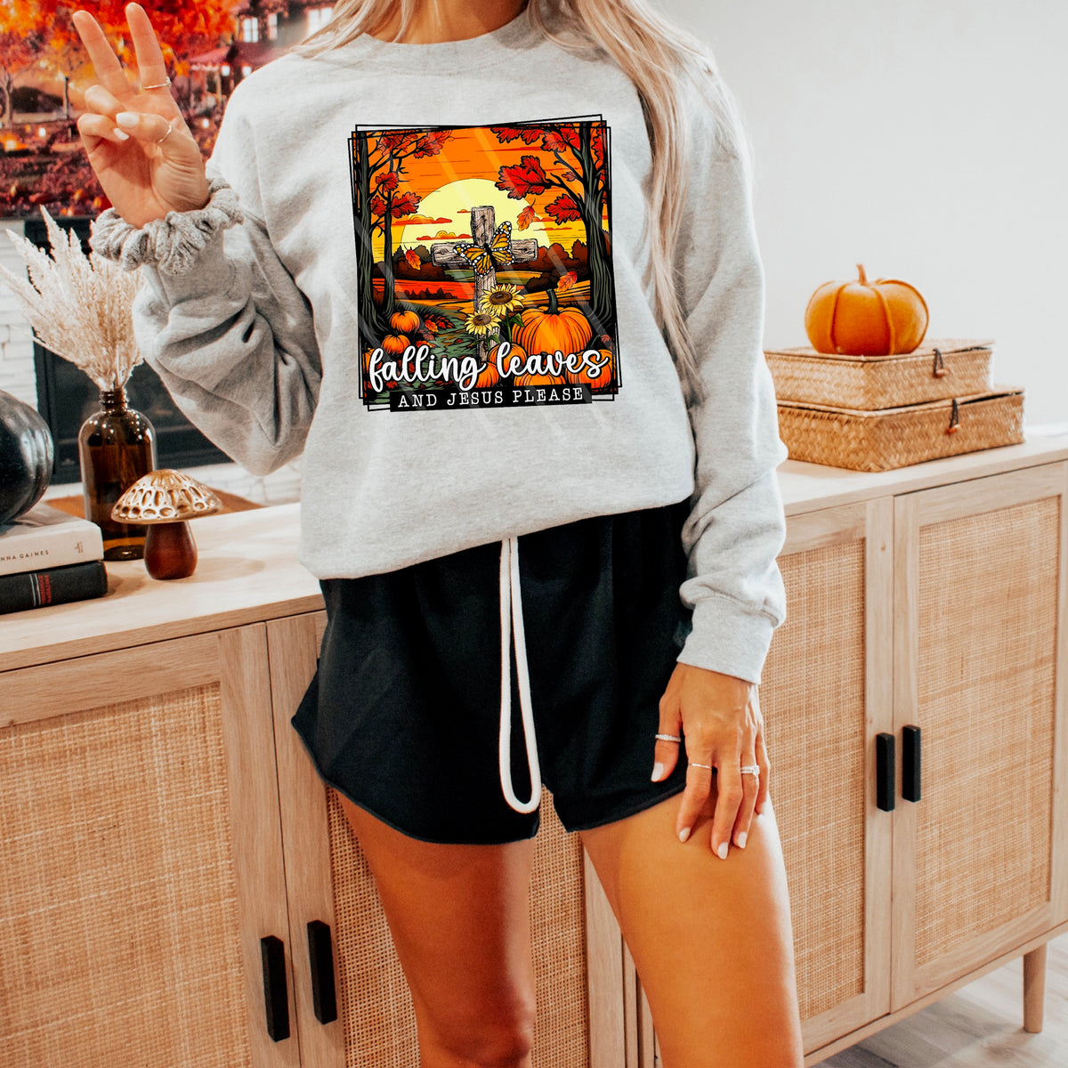 Falling leaves and Jesus Please square with butterflies 113934 DTF transfer