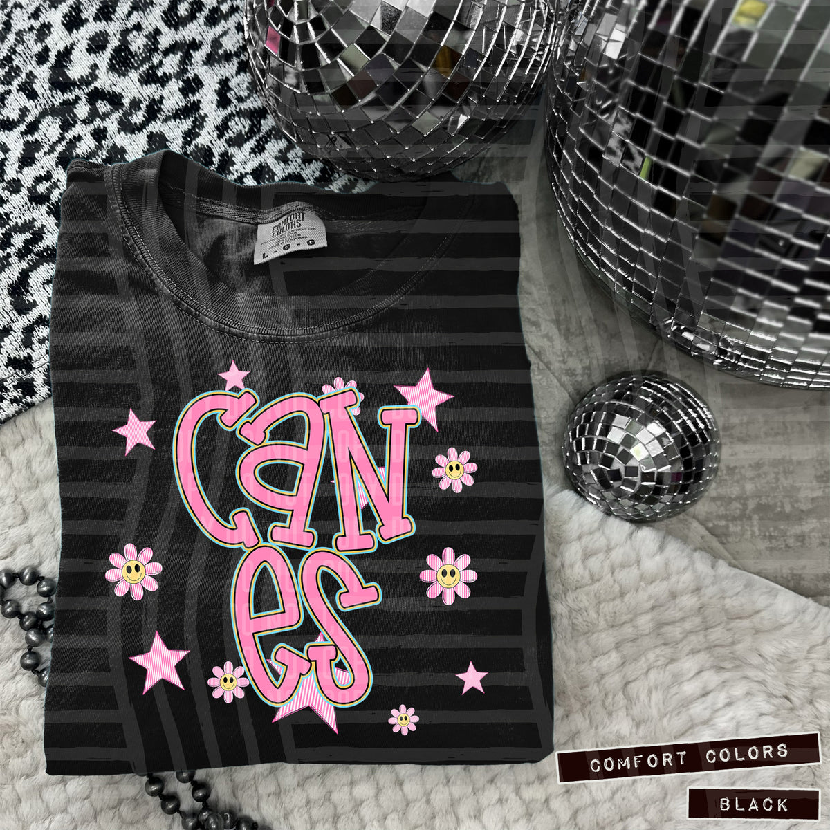 Canes Pink Flowers And Stars 104921 DTF transfer