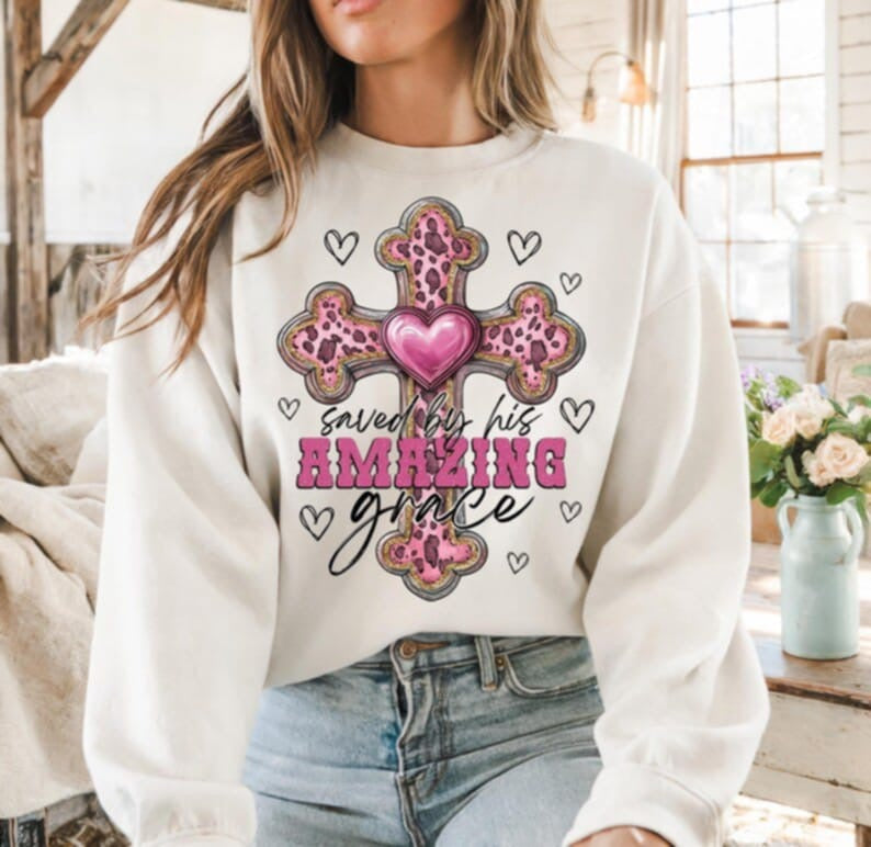 Saved by his amazing grace pink leopard cross 87749 DTF transfer