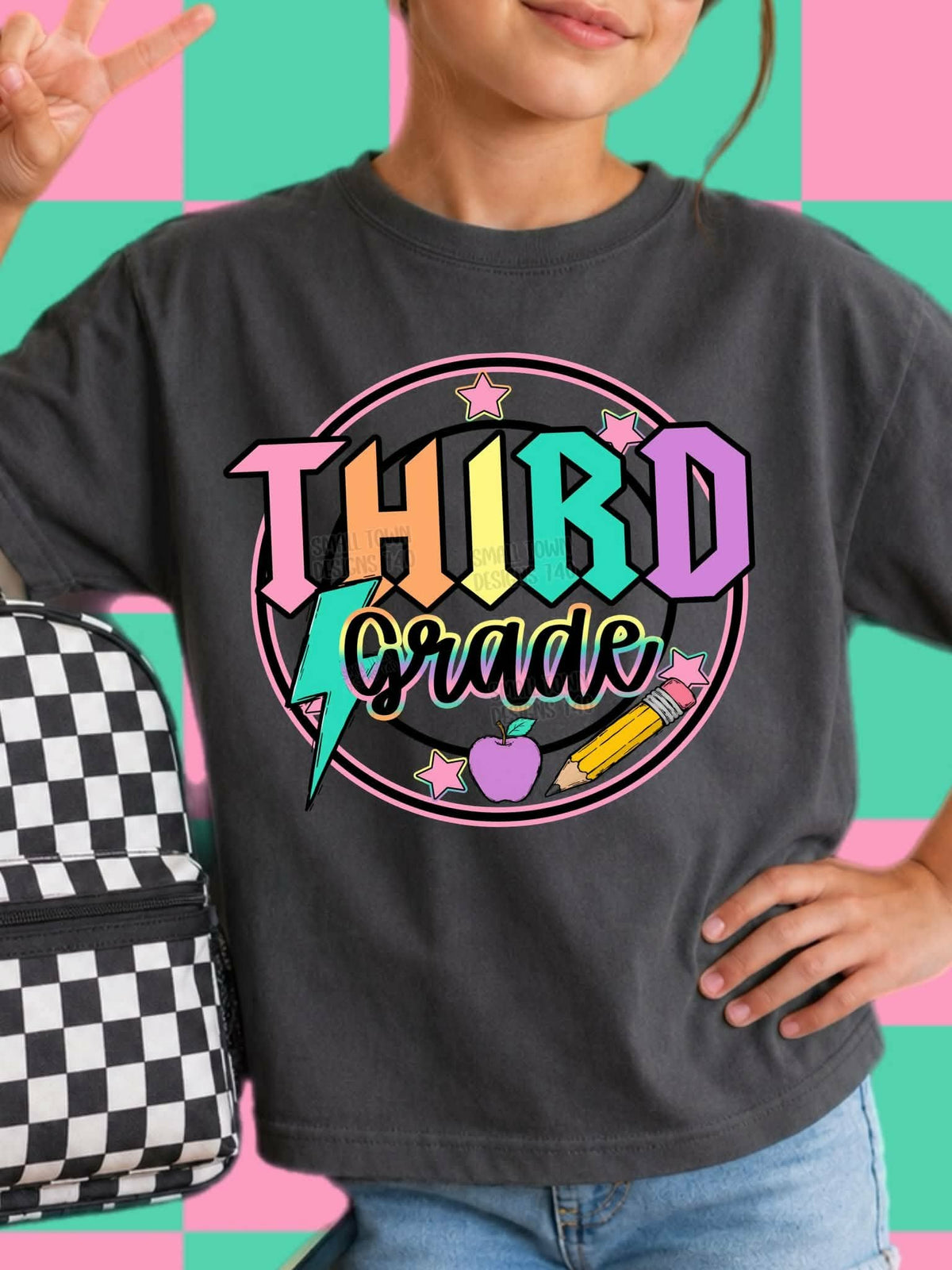 Third grade lightning colorful bolt retro circle with stars (STD) DTF Transfer
