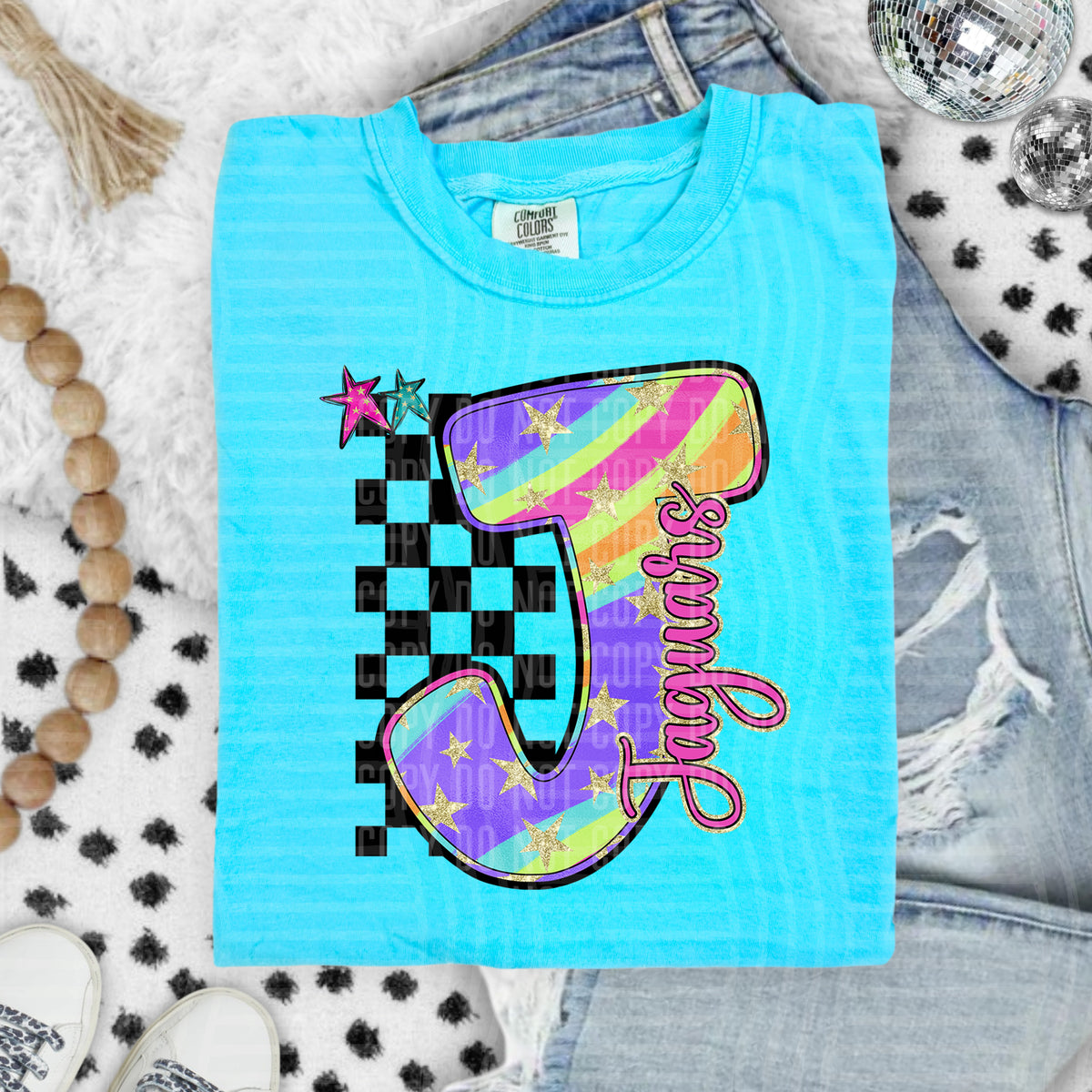 Jaguars Colorful Retro Rainbow Letter J With Stars And Checker 108120 DTF transfer