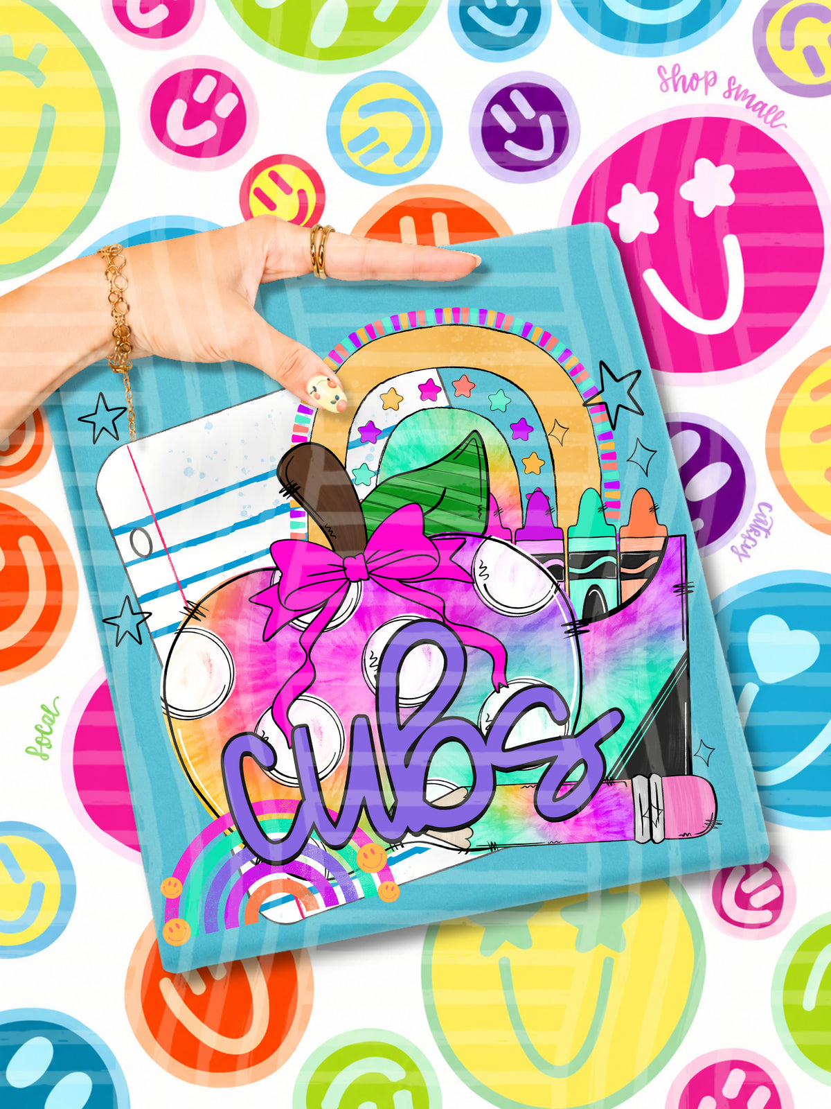 cubs tie dye apple with white dots and school stuff (CAPLINGER) DTF Transfer
