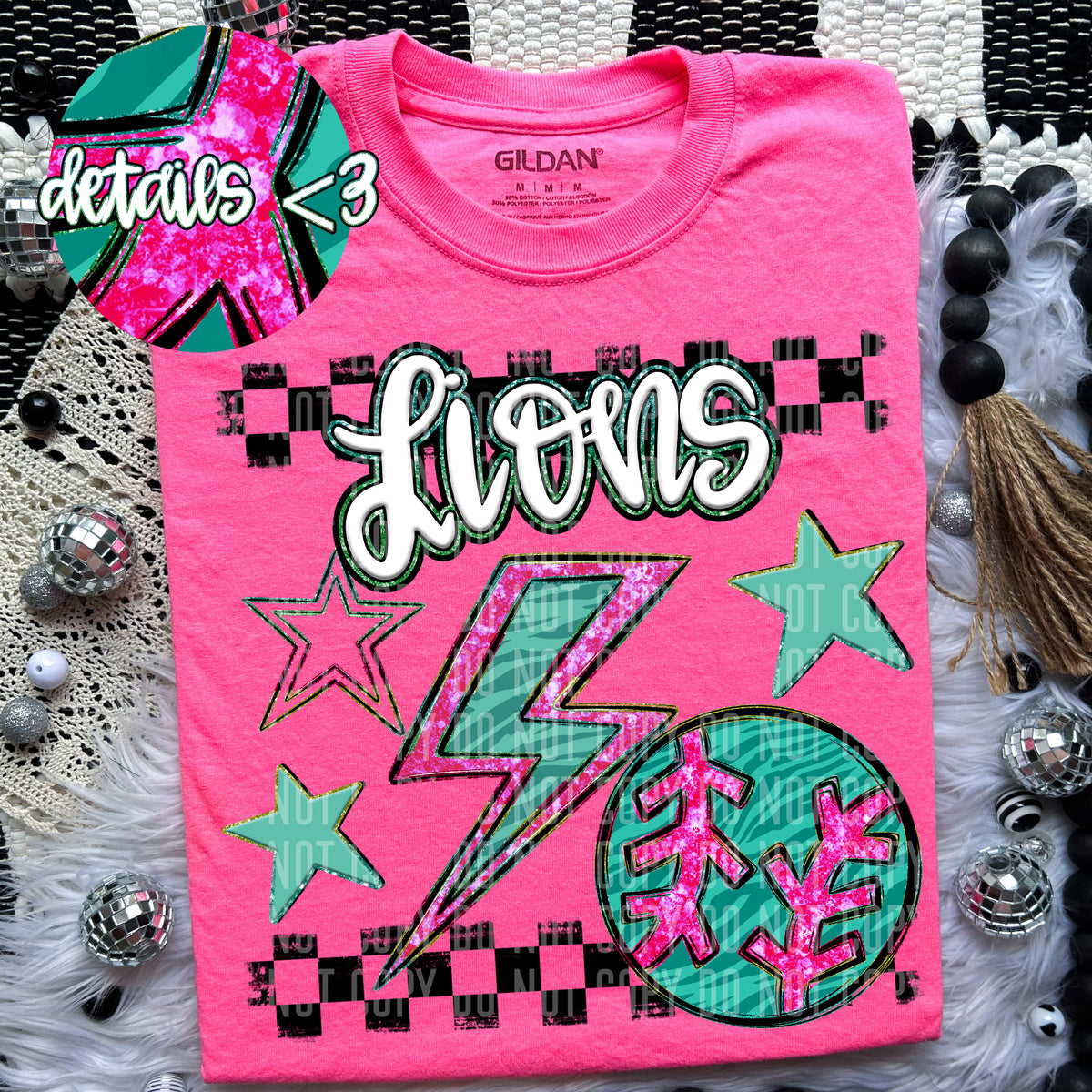 Lions Teal and Pink Checkered (Caplinger) DTF transfer