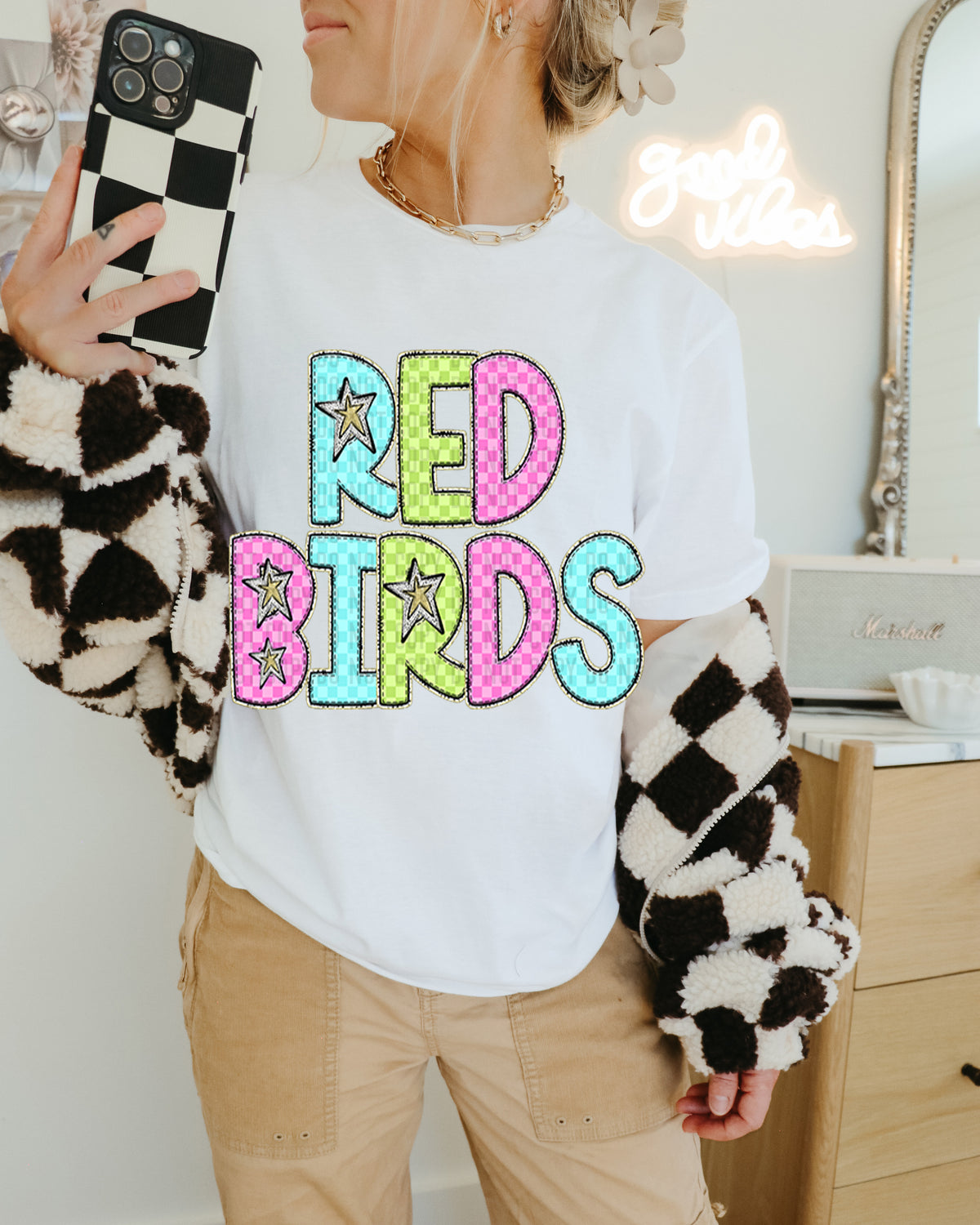 Red Birds Colorful Checkered (caplinger) DTF transfer