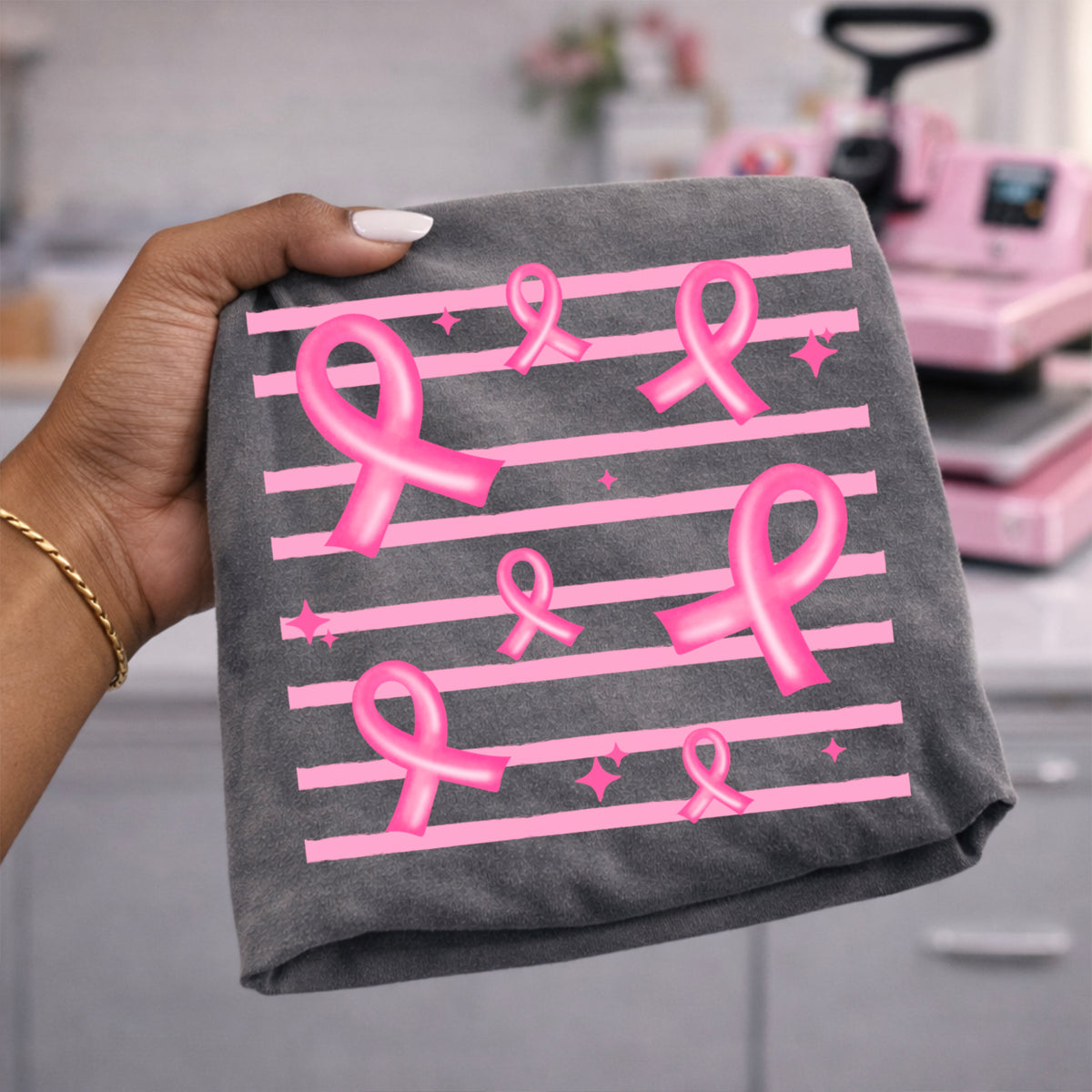 Pink ribbons and stripes (CSC) DTF Transfer