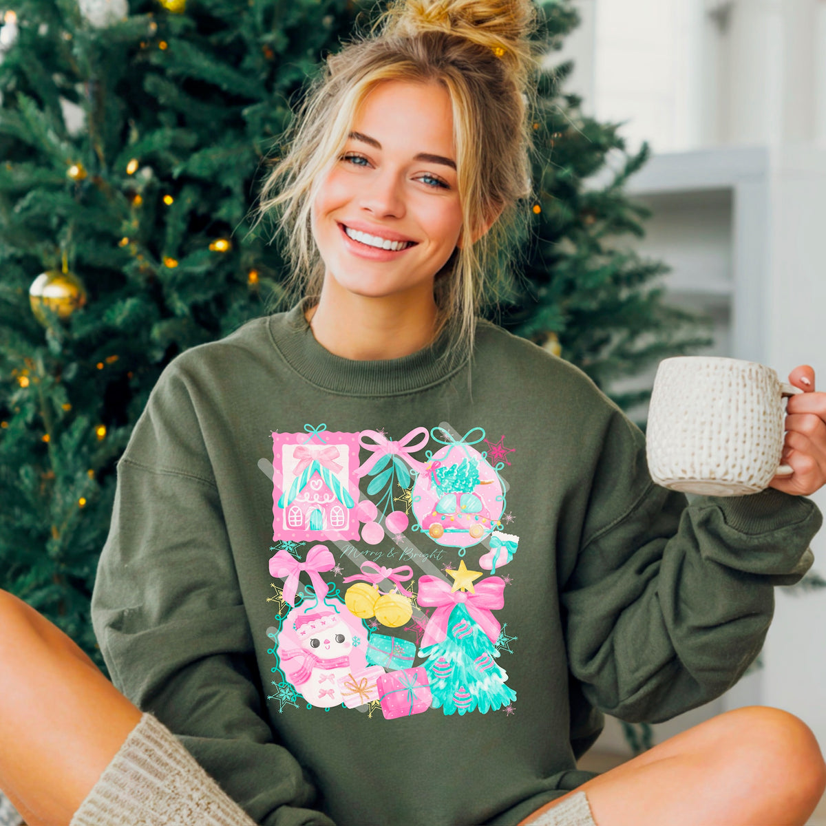 Pink and blue Christmas collage (snowman, tree and car) 113842 DTF Transfer