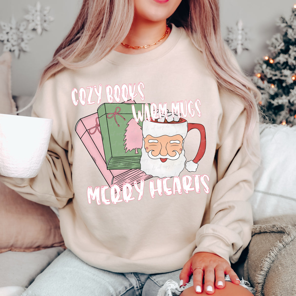 Cozy books warm hearts merry hugs white Santa mug white letters 30199 DTF transfer
