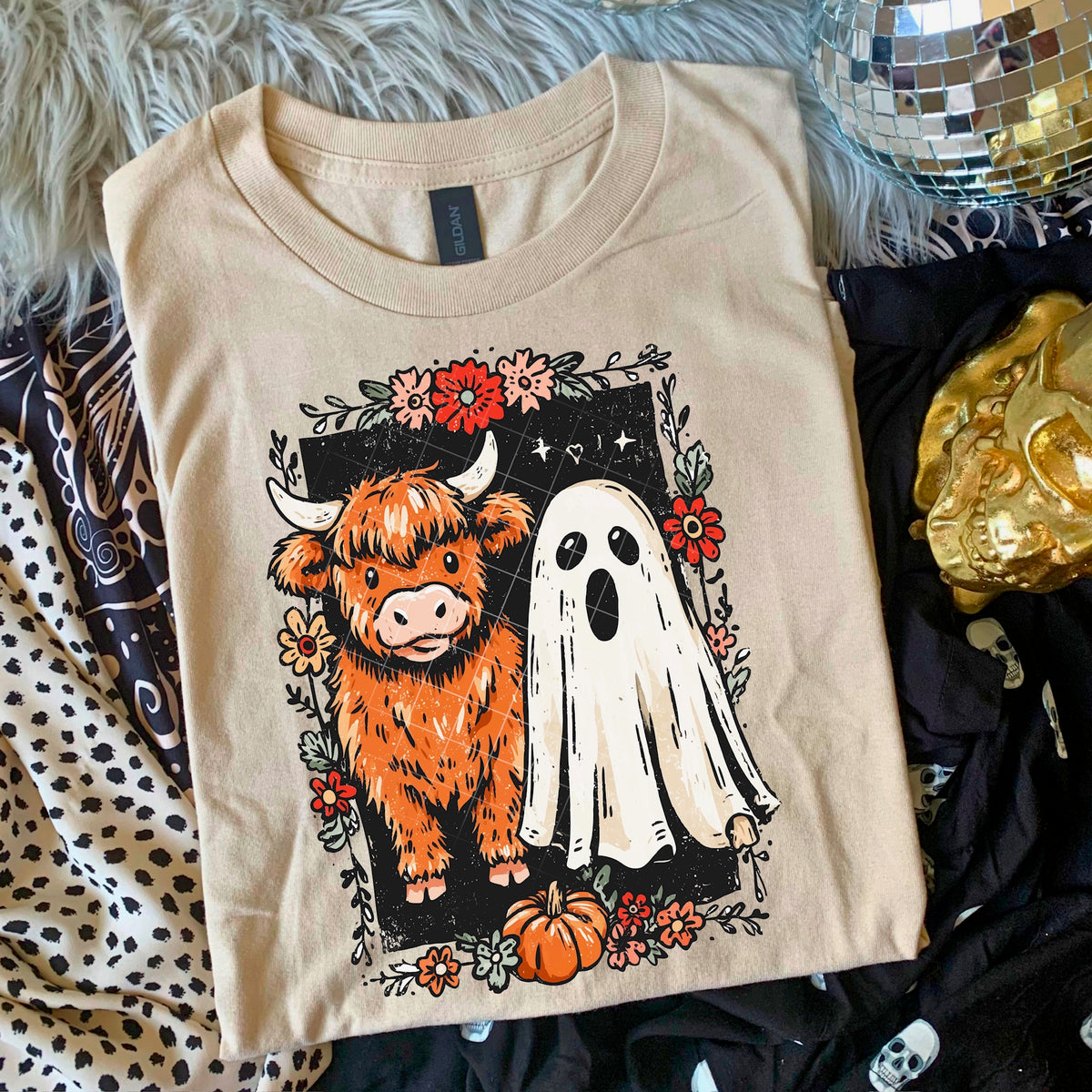 Highland Cow Ghost Frame Black Background 110824 DTF transfer