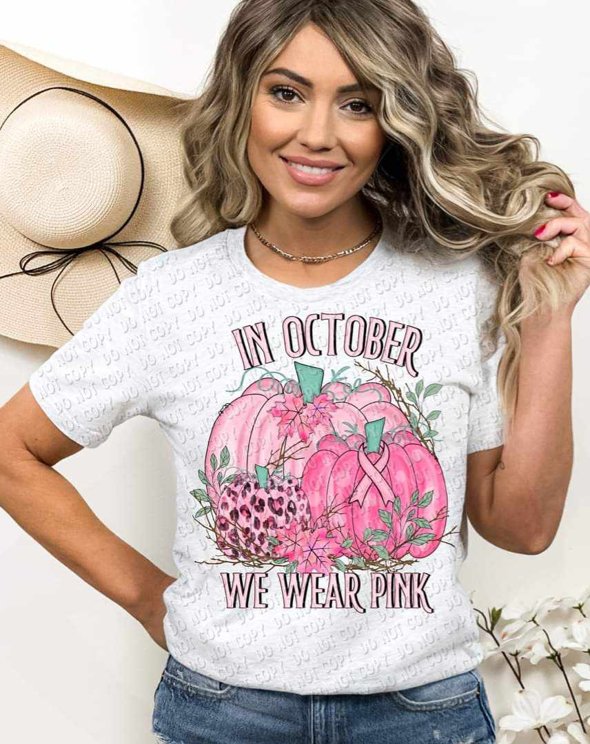 In October we wear pink (three pink pumpkins with pink leaves) 9228 DTF TRANSFER