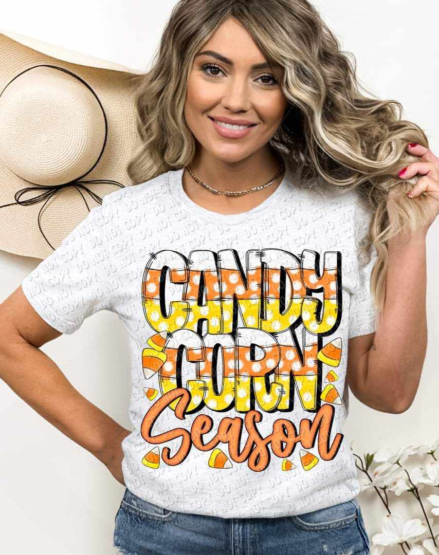 Candy corn season (white orange and yellow font with candy corn) 9240 DTF TRANSFER