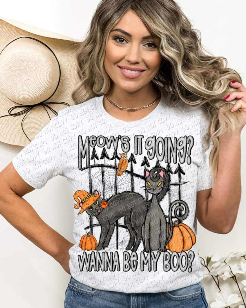 Meow's it going? Wanna be my boo? (black cats with fence and pumpkins) 9236 DTF TRANSFER