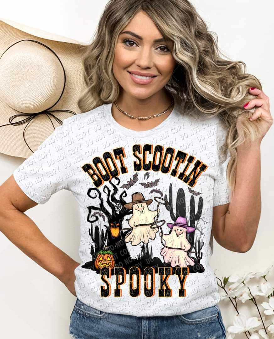 Boot scootin' spooky (cowboy and cowgirl ghosts cactus spooky tree and pumpkin) 9235 DTF TRANSFER