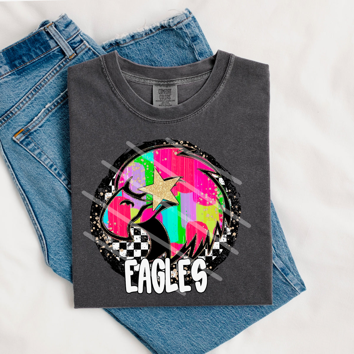 Eagles Mascot rainbow checker circle (county line) 111029 DTF transfer