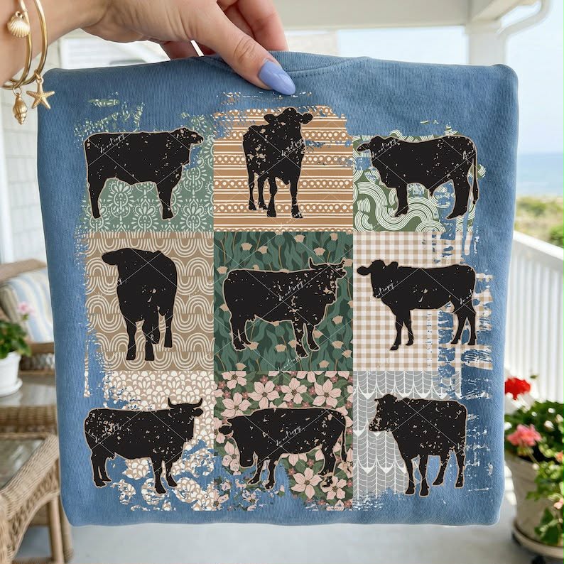 Cow floral blocks Sunday Special DTF transfer