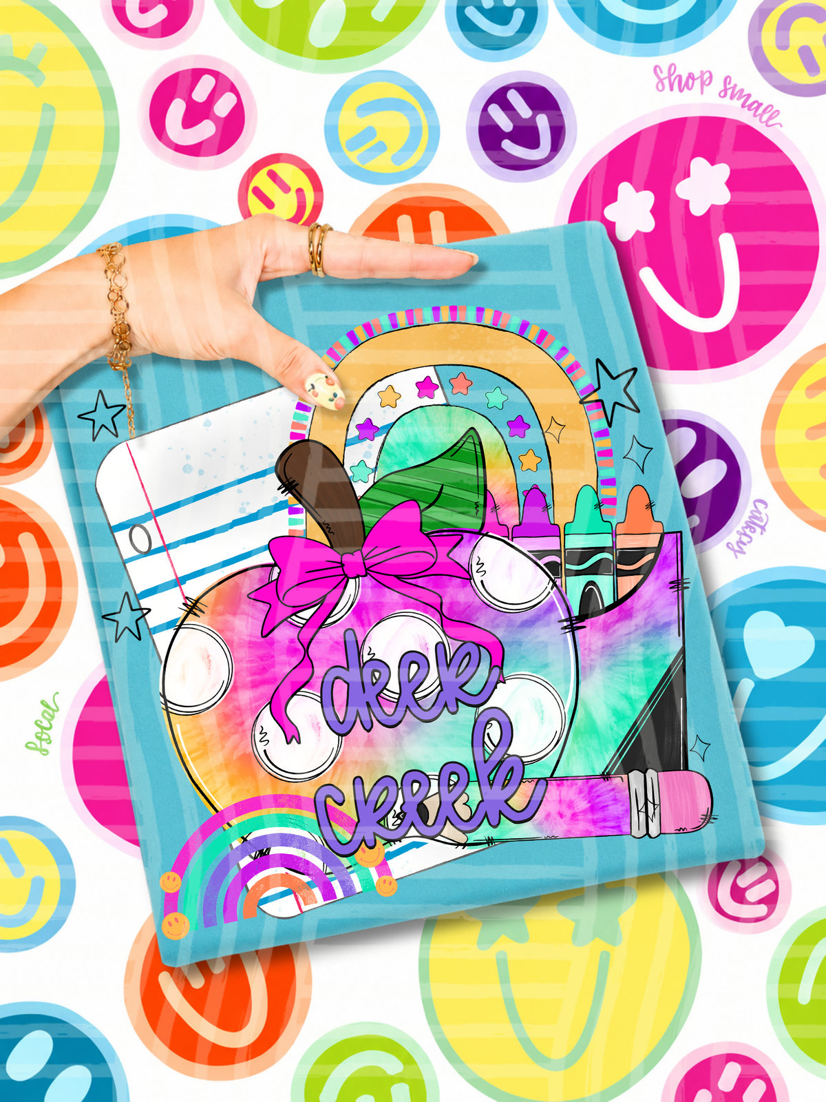 deer creek tie dye apple with white dots and school stuff (CAPLINGER) DTF Transfer