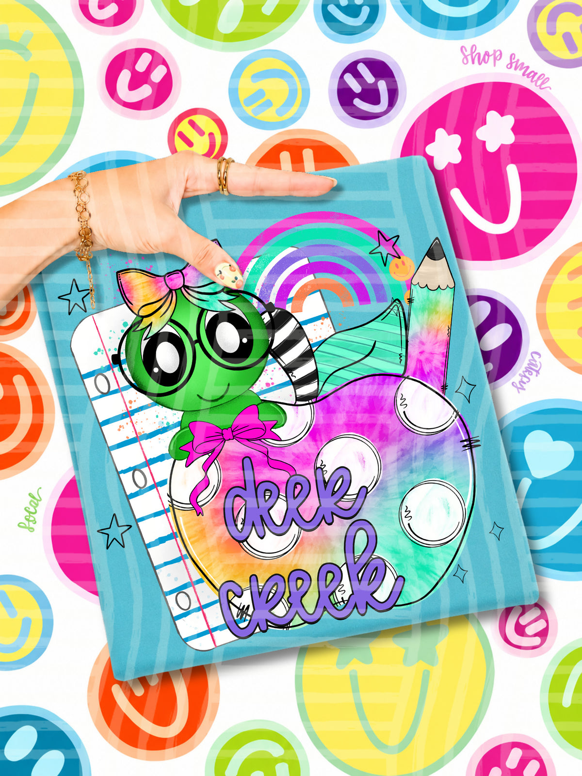 deer creek tie dye apple with white dots & green bug (CAPLINGER) DTF Transfer