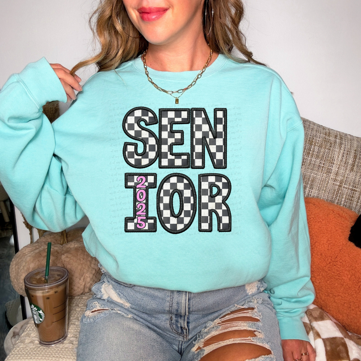 Senior  2025 stacked checkered pink numbers DTF Transfer
