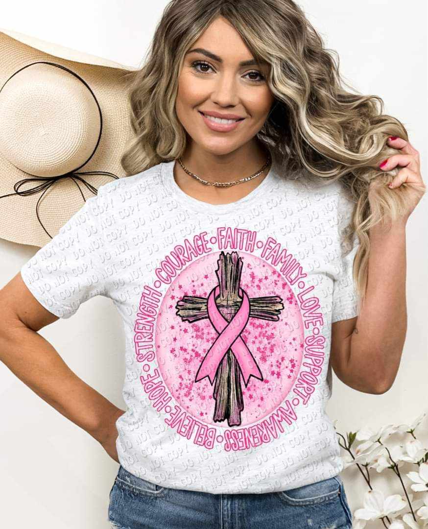 Courage faith family love support awareness believe hope strength pink circle with cross and pink ribbon 9231 DTF TRANSFER