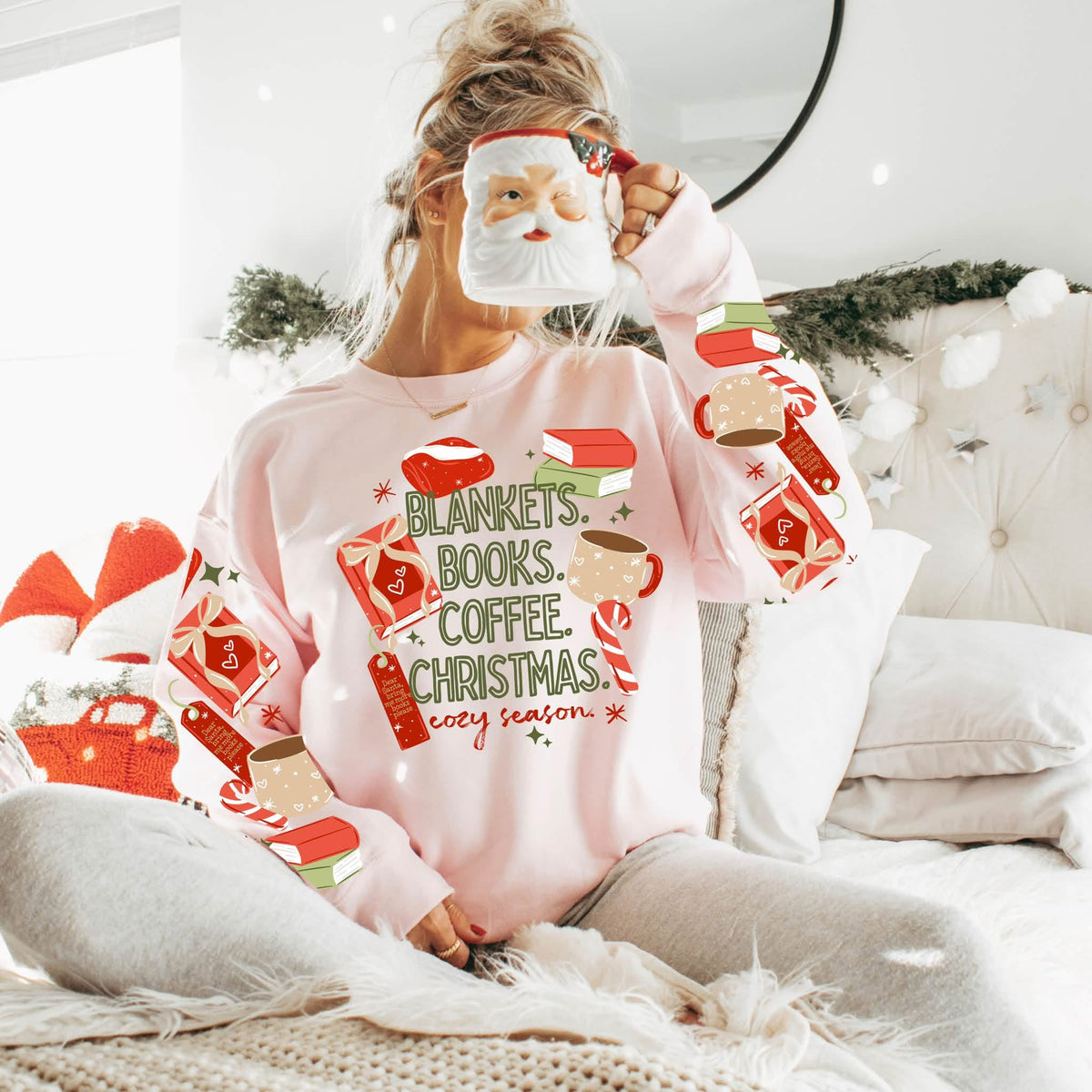 Blankets books coffee Christmas  (set two sleeves) (csc) DTF Transfer