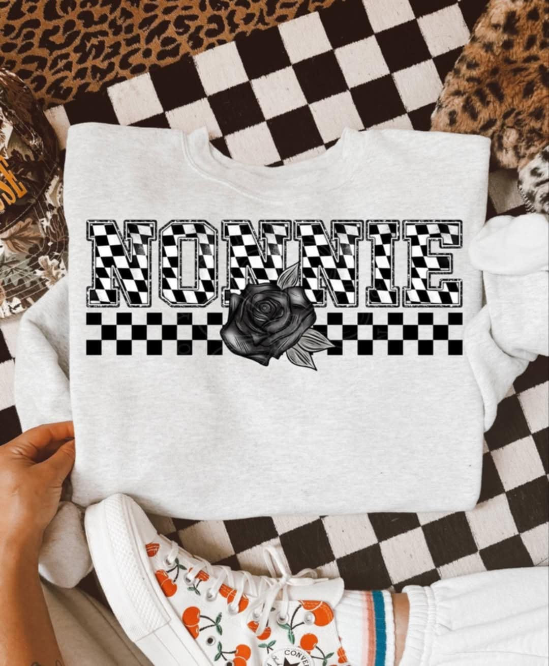 Nonnie checkered with black rose (Unhinged) 99328 DTF transfer