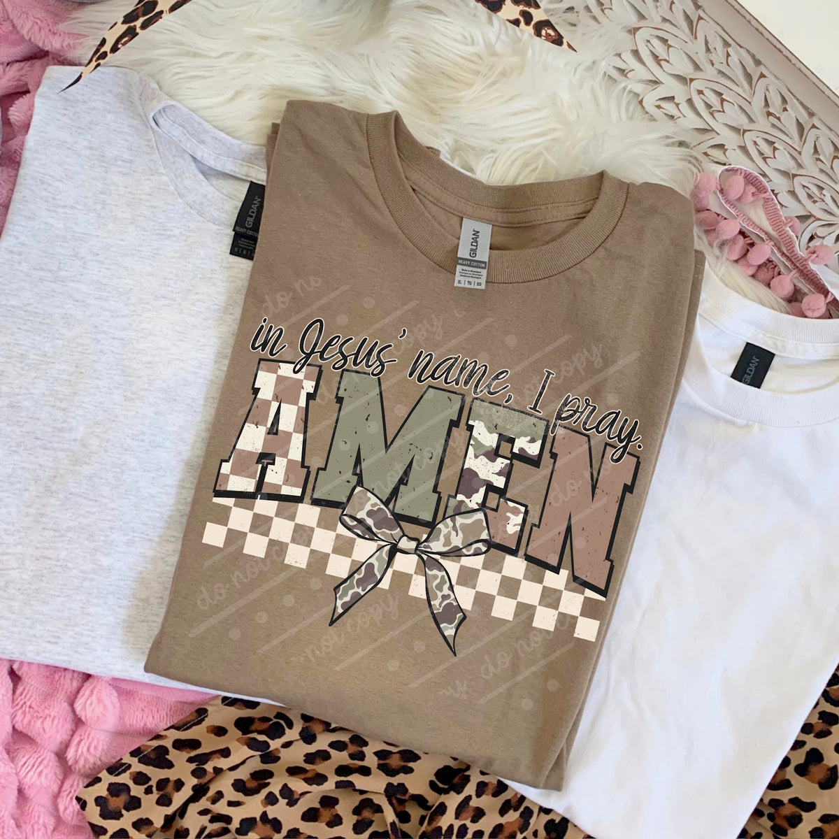 Amen camo and Checker (scarlow) DTF transfer