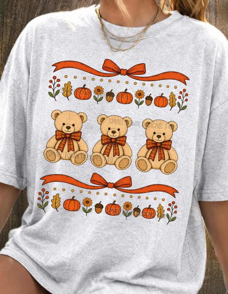 Vintage Teddy’s with pumpkin and floral bow border (STD) DTF Transfer
