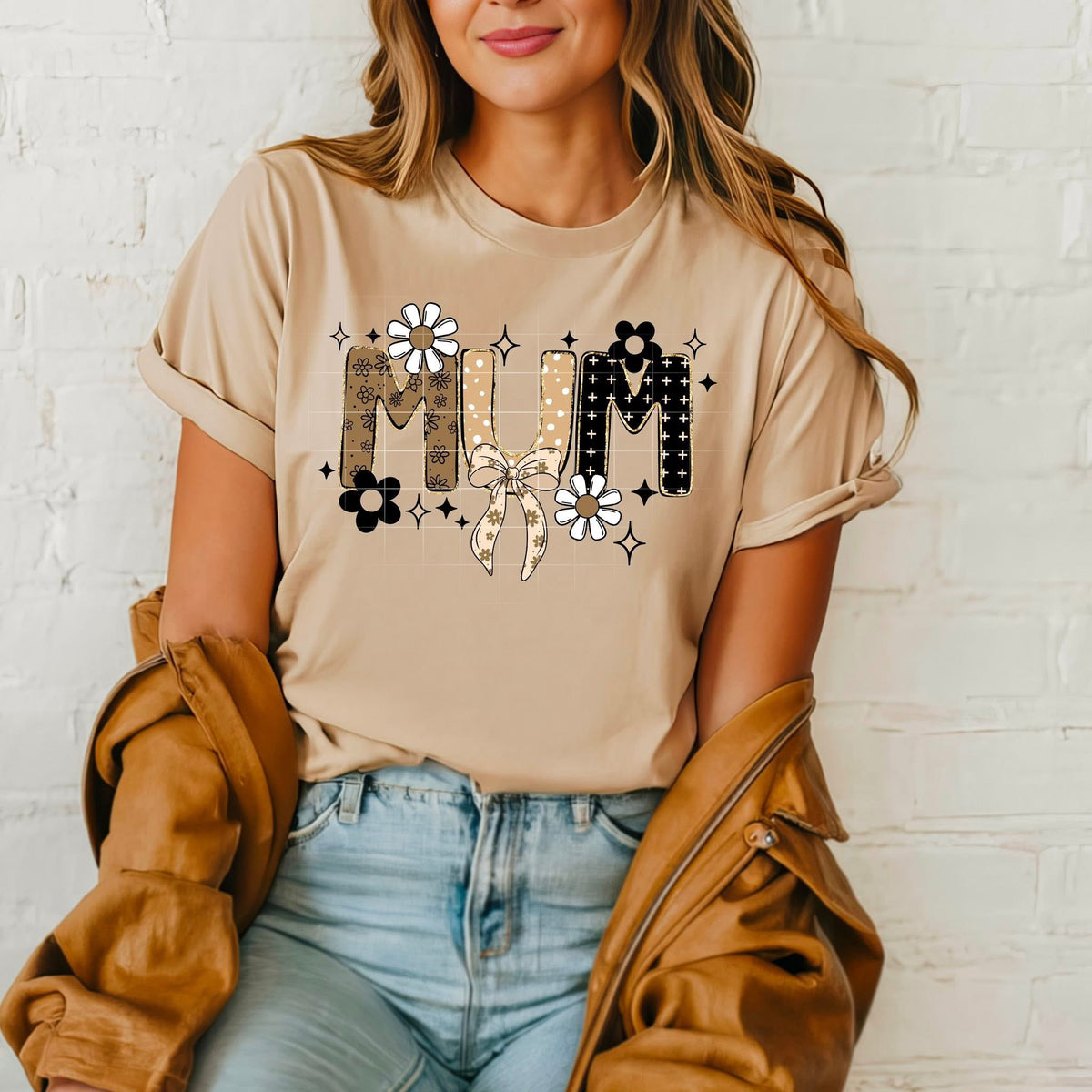 Neutral Mum with checker flowers and bow (csc) DTF transfer