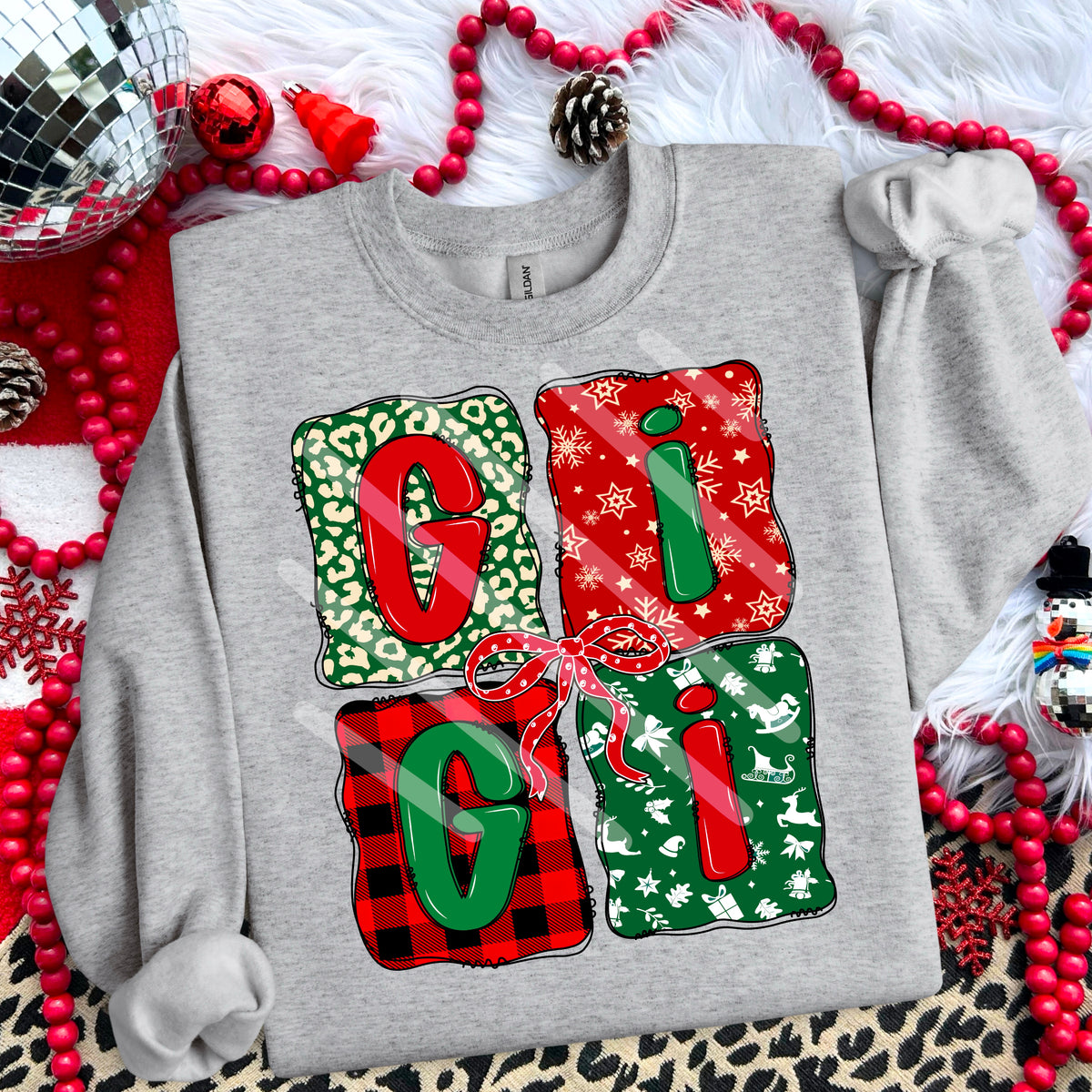 Christmas Gigi with red and green blocks and bow 114262 DTF transfer