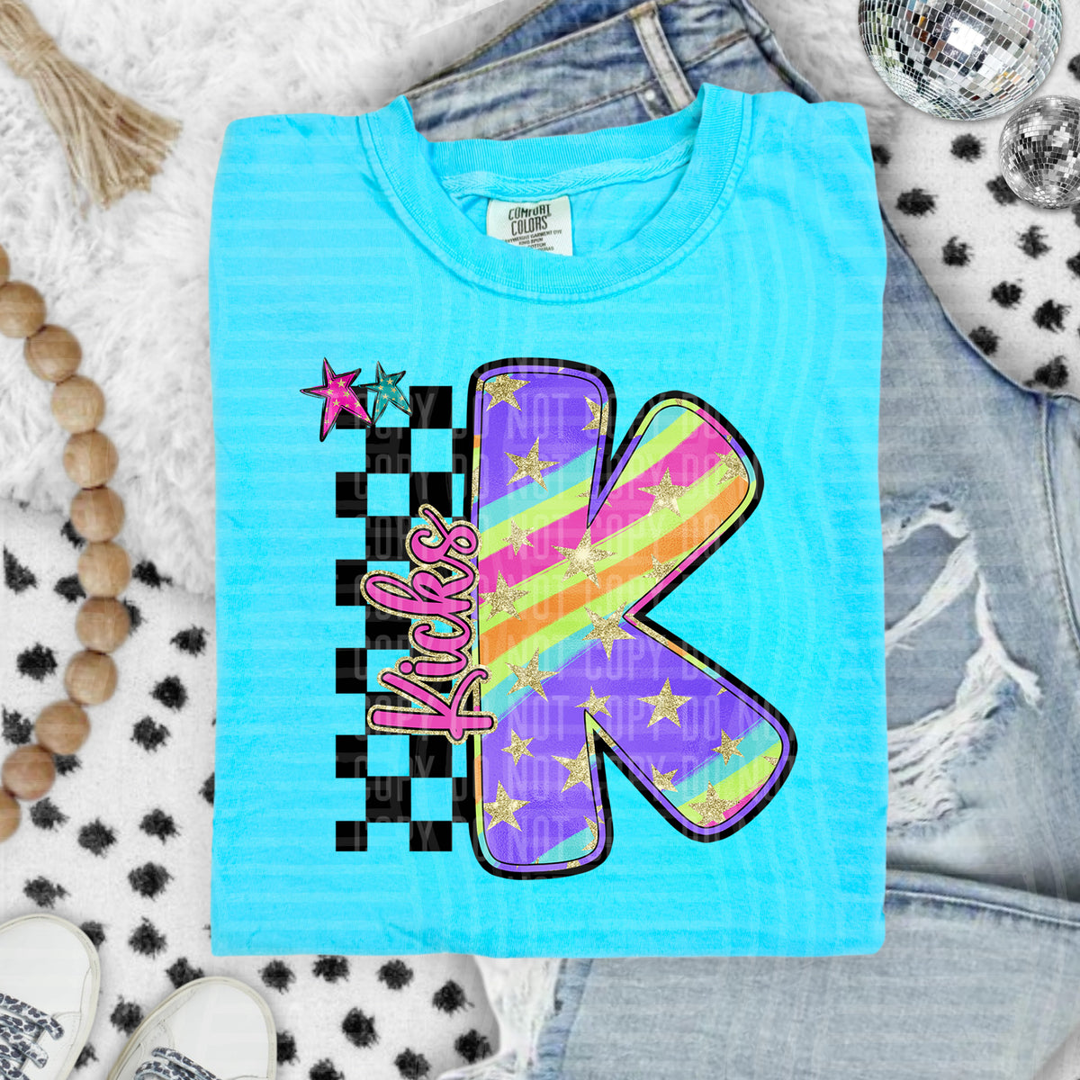 Kicks Colorful Retro Rainbow Letter K With Stars And Checker 108122 DTF transfer