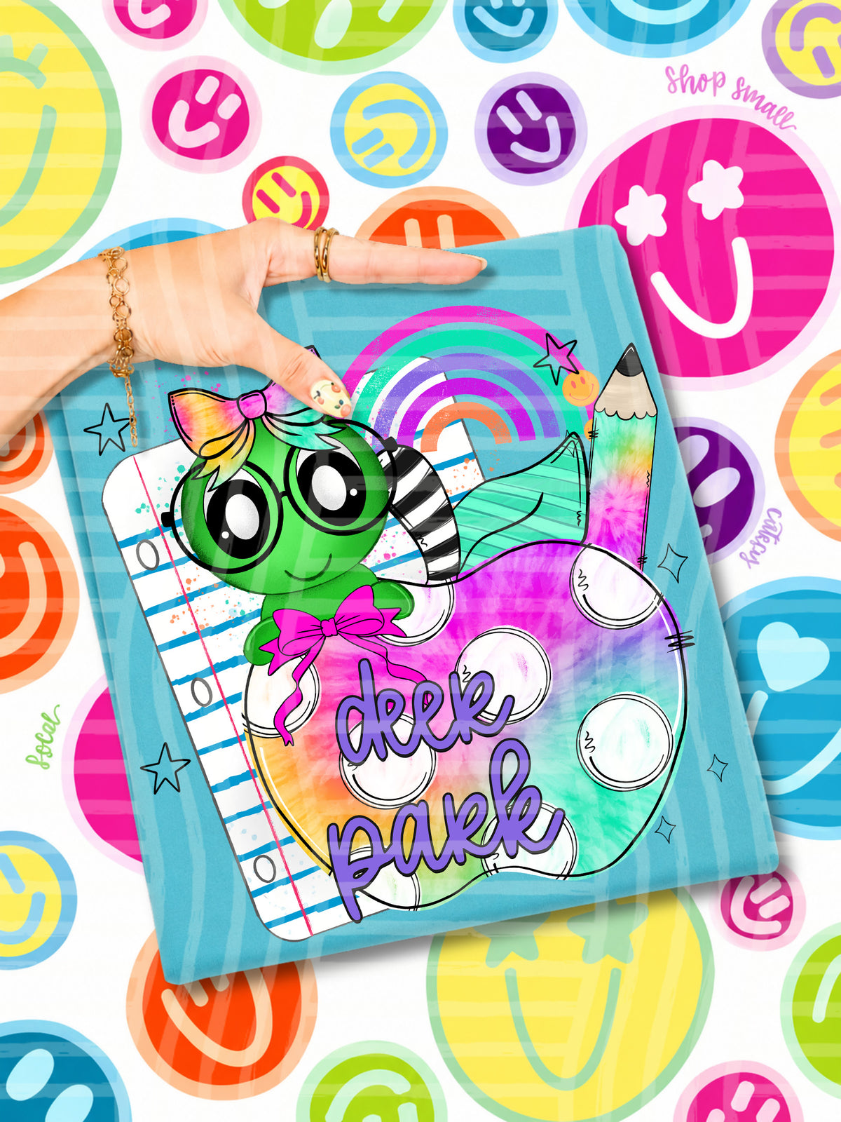 deer park tie dye apple with white dots & green bug (CAPLINGER) DTF Transfer