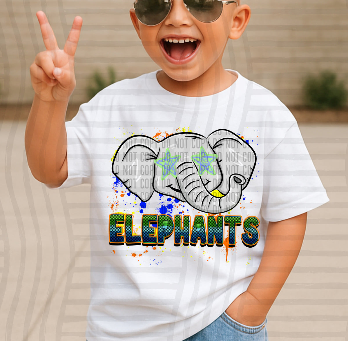elephants paint splatter boy blue green and yellow (Caplinger) DTF Transfer